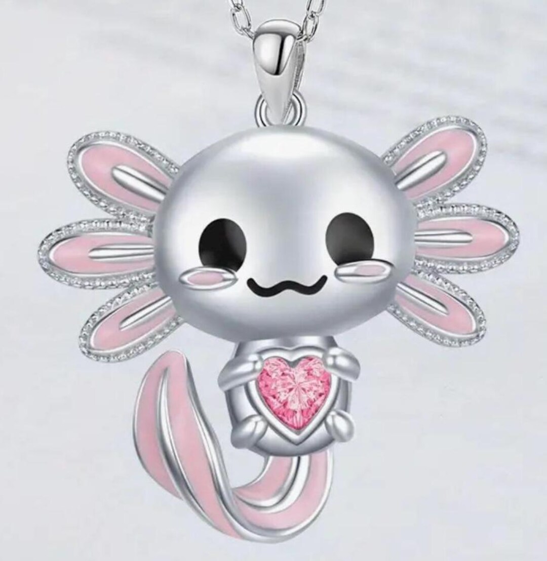 Pink Axolotl Necklace With Pink Heart and Chain. FREE SHIPPING - Etsy