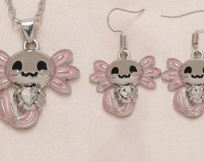 Pink Axolotl Necklace and Matching Earrings, With a Heart and Chain - Etsy