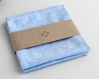 2 soft cotton handkerchiefs, handmade and sustainable, blue with white anchors