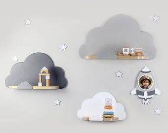 Wolkenregal, 3er-Set Wolkenregale mit kleiner Wolke am Rand, Wolkenregal fürs Kinderzimmer, Kinderzimmerregal, Montessori-Möbelset