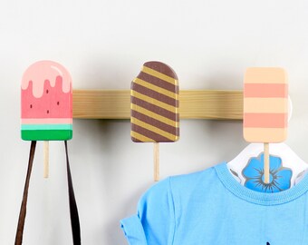 Colourful wooden ice-cream coat rack, baby wall hook, Сute hooks for baby clothes, Kids accessories, Decor for kids room, Wooden hangers