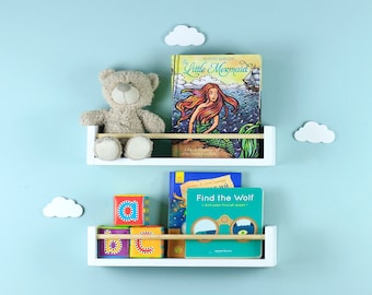 Ensemble de 2 étagères avec cheville ronde à travers, Rebord de livre, Bibliothèque pour enfants, Porte-livres pour enfants, Chambre pour tout-petits, Chambre d’enfants, Étagères en bois