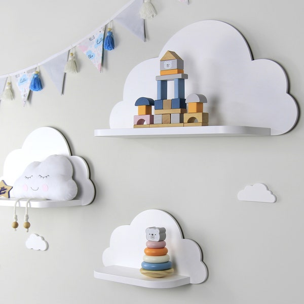 Set of 3 white wooden cloud shelves, cloud wall shelf for nursery, Wooden floating shelf, Nursery room wood rack, Bookshelf for kids room