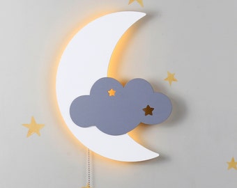 Dreamy Moon with Cloud Baby Wall Night Light, Nursery Decor, Kids Room, LED Bedside Lamp