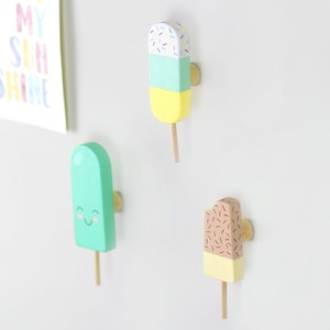 Cute colored wooden hooks, Ice cream kids coat hook, Decorative wall rack, Wooden hanger, Nursery wall decor, Montessory furniture