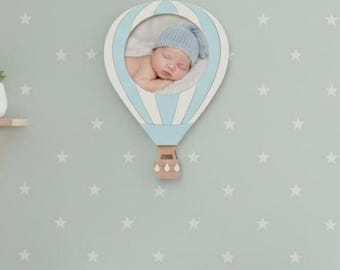 Kids photo frame air balloon, Wooden Baby room wall decor, Baby Portrait Frame , Baby shower, Newborn gift, Nursery Picture Christening Gift