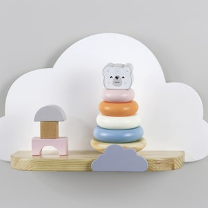 White wooden cloud shelf with small border cloud, Floating shelf, Сloud wall shelf for nursery, Nursery wood rack, Bookshelf for kids room