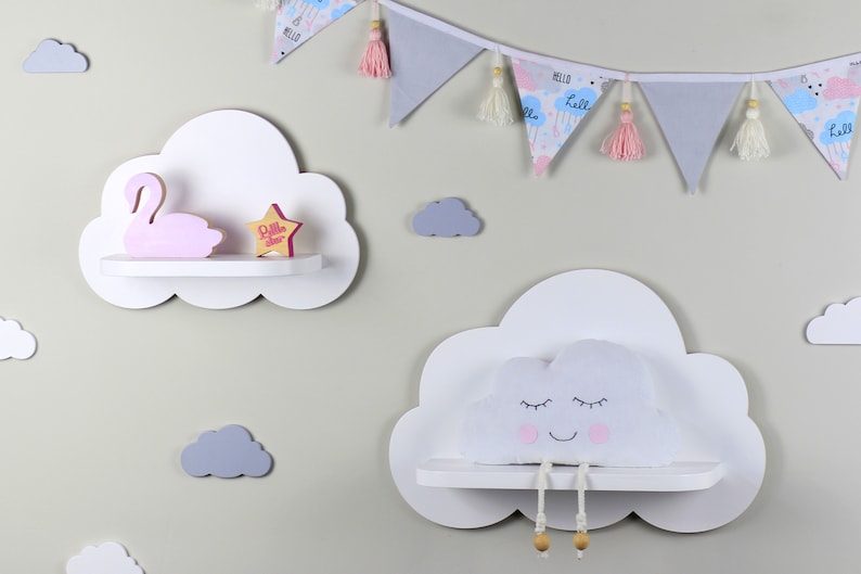 Cloud shelf for nursery, Wooden floating shelf, Nursery room wood rack, Shelf for baby nursery, Set of 2 white wooden cloud shelves image 3