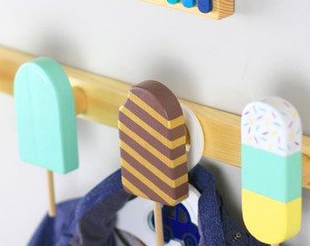 Cute wooden ice-cream hooks for baby clothes, Kid clothes rackColorful baby wall hooks, Coat rack, Wooden nursery decor