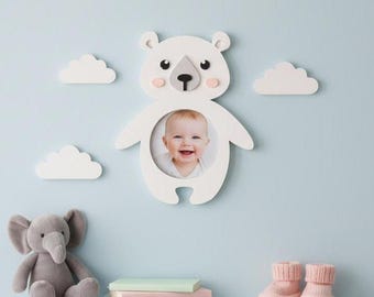 Teddy Bear Nursery Decor, Baby Boy Photo Frame for Wall, Wooden Bear Picture Frame, Forest Animal Nursery Wall Art,Woodland Nursery Decor