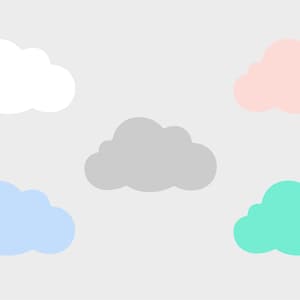 Op de afbeelding: Vijf cartoon wolken illustraties in wit, roze, grijs, blauw en teal tegen een lichtgrijze achtergrond. De wolken hebben een eenvoudige, afgeronde vorm, wat een grillig of speels thema suggereert.