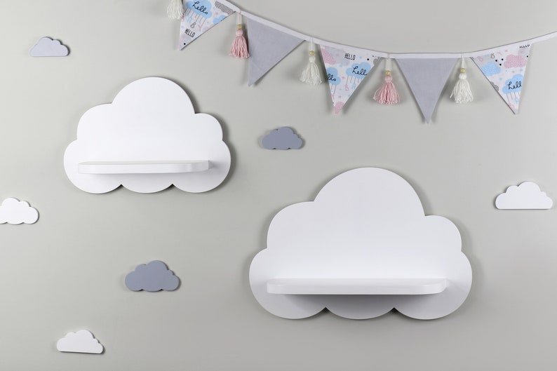 Cloud shelf for nursery, Wooden floating shelf, Nursery room wood rack, Shelf for baby nursery, Set of 2 white wooden cloud shelves image 1