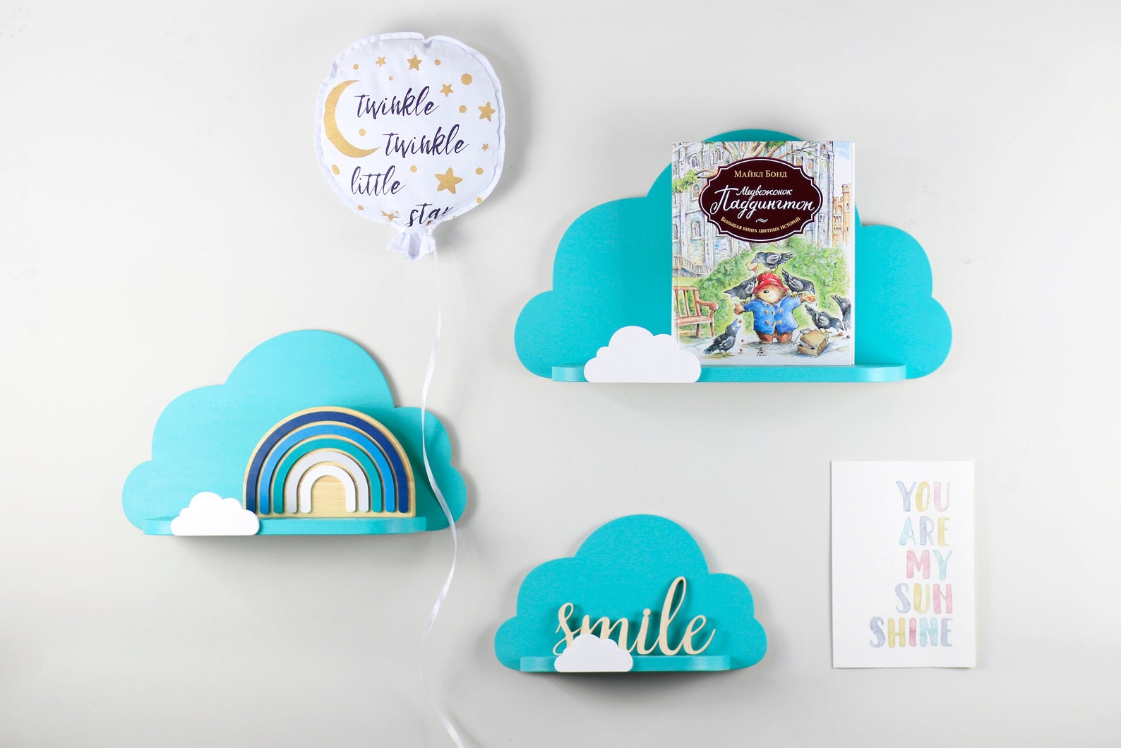 Set of 3 Colored Wooden Cloud Shelves With Small Border Cloud, Cloud