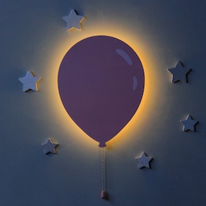Balloon wall light for nursery with 5 wooden stars, Nightlight for nursery, Kids wall lamp, Cloud Lamp, Baby room decor