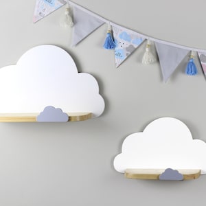 Set of 2 white wooden cloud shelves with small cloud on border, Wooden floating shelf, Nursery room wood rack, Bookshelf for kids room