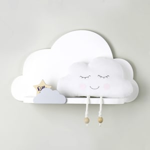 White wooden cloud shelf with small border cloud, Floating shelf, Сloud wall shelf for nursery, Nursery wood rack, Bookshelf for kids room