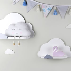 Set of 2 white wooden cloud shelves with small cloud on border, Wooden floating shelf, Nursery room wood rack, Bookshelf for kids room