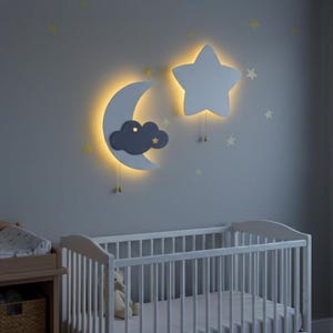 Juego de 2 luces nocturnas a pilas (luna, nube y estrella) / Decoración de pared de madera para habitación infantil con interruptor de cuerda