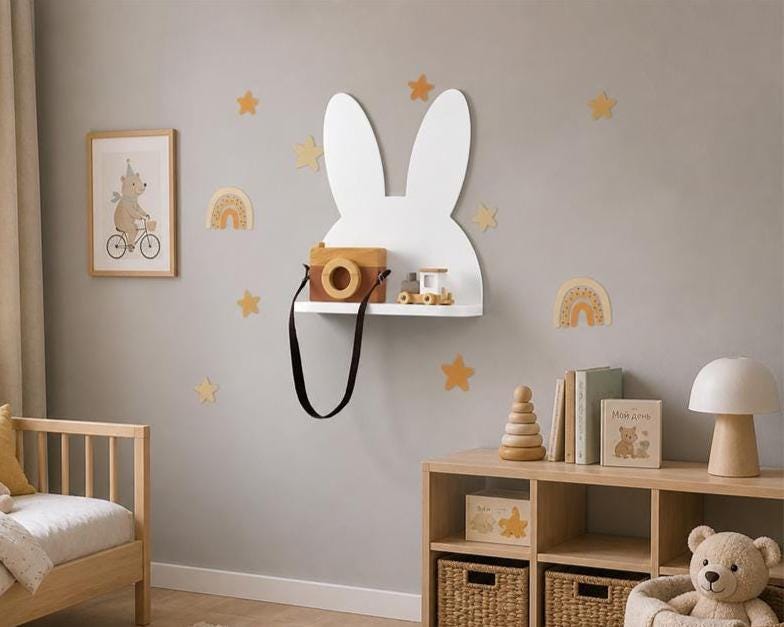 White Bunny Wall Shelf | Montessori Kids Decor | Wooden Floating Storage, Scandinavian Style