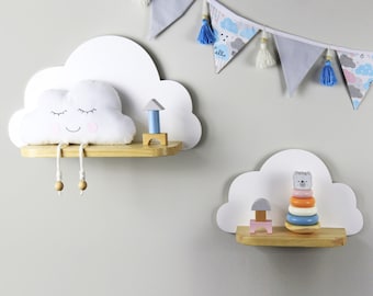 Set of 2 white wooden cloud shelves, cloud wall shelf for nursery, Wooden floating shelf, Nursery room wood rack, Bookshelf for kids room