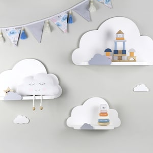 Set of 3 white wooden cloud shelves with small border cloud, Cloud wall shelf for nursery, Floating shelf, Nursery wood rack, Bookshelf