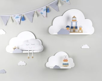 Set of 3 white wooden cloud shelves with small border cloud, Cloud wall shelf for nursery, Floating shelf, Nursery wood rack, Bookshelf