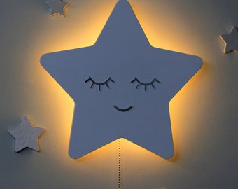 Luz nocturna de pared de estrellas con interruptor de extracción, Lámpara de noche para bebés, Decoración de guardería de estrellas, Regalo de baby shower, Lámpara para niños