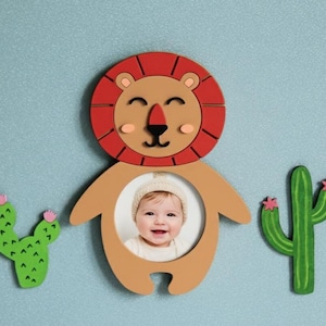 Wooden Lion Photo Frame for Nursery, Safari Theme Kids Room Decor, Baby Picture Frame, Lion Wall Art, Newborn Baby Shower Gift image 1