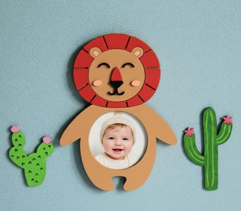 Wooden Lion Photo Frame for Nursery, Safari Theme Kids Room Decor, Baby Picture Frame, Lion Wall Art, Newborn Baby Shower Gift image 1