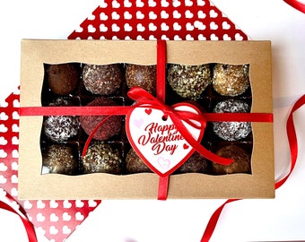 Caja de regalo vegana de trufas/bolas de felicidad para el día de San Valentín: regalo de chocolate vegano, sin gluten y sin azúcar, regalo de comida para el día de San Valentín