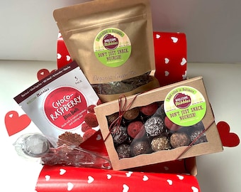Valentine's Day Tea Gift Box of Vegan Truffles/Bliss Balls, Tea & Tea Infuser.  Gluten-free, Sugar-free, Tea Gift Basket, Get Well Food Gift