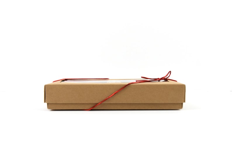May include: A brown cardboard box with a red ribbon tied around it. The box has a clear window on the top.