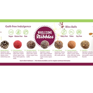 May include: A colorful display of eight different raw, vegan, gluten-free, and dairy-free energy balls. The balls are arranged in two rows of four, with each ball labeled with its name and ingredients. The text "Guilt-free Indulgence" and "Bliss Balls" are at the top of the image.