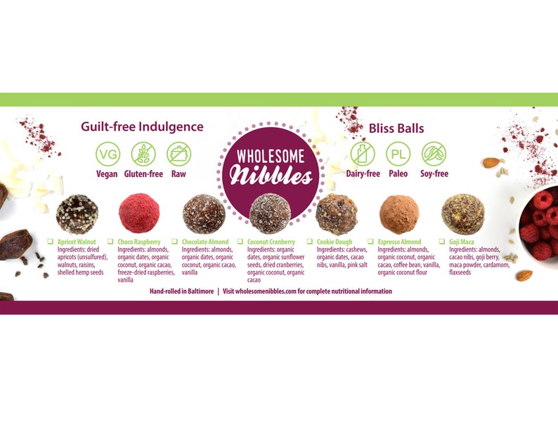 May include: A colorful display of eight different raw, vegan, gluten-free, and dairy-free energy balls. The balls are arranged in two rows of four, with each ball labeled with its name and ingredients. The text "Guilt-free Indulgence" and "Bliss Balls" are at the top of the image.
