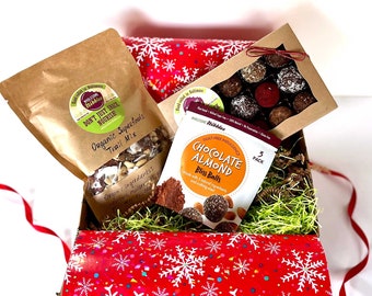 Caja de regalo vegana orgánica con trufas/bolas de felicidad, mezcla de frutos secos y una bolsa de refrigerio BONIFICADA. Regalo de comida saludable y sin gluten / Regalo del Día de la Madre