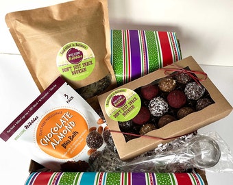 Organic Tea Gift Box of Vegan Truffles/Bliss Balls, Tea & Tea Infuser.  Gluten-free, Sugar-free, Tea Gift Basket, Get Well Food Gift