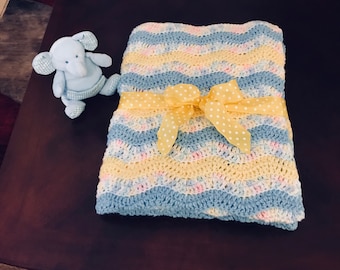 Crochet Baby Boy Ripple Blanket, shades of Yellow, Blue, and varigated colors, Perfect for Baby Shower Gift, measures 33" x 34".