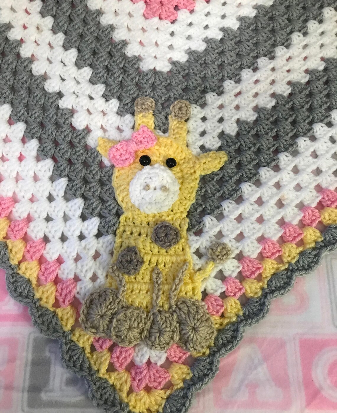 Crochet Baby Girl Giraffe Blanket, Pink, White, and Gray With Giraffe