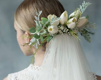 Realistic Flower Veil with Garter, Boho Bridal Hair Comb and Lace Fingertip Veil | Handmade, Ready to Ship, OOAK | The Euna by Flavelle & Co