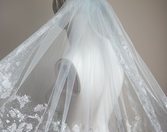 Dreamy + Delicate Cloudy Metallic Flake Bridal Veil in Blue Tulle, Silver Flake, Shoulder 22" Veil | NOVA by Flavelle & Co