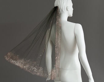 Enchanting Rose Gold Glitter Comb Veil, Elbow Length Short Veil, Smoke Green Veil | TRINITY by Flavelle & Co
