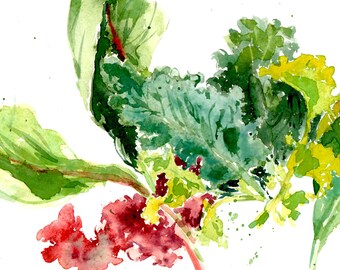 Greens, original hand painted water color design inspired from pickings from my backyard garden.