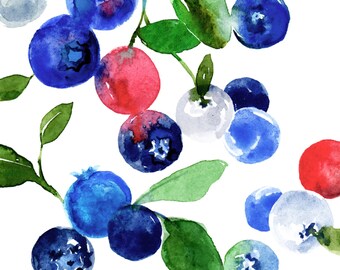 Blueberry Bliss, blueberries, blueberry, art print, watercolor art, home decor, wall art, kitchen art