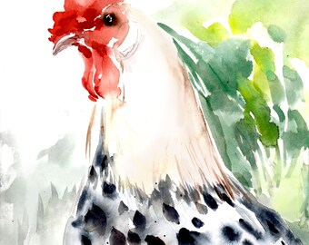 Silver Spangled Hamburg, original watercolor art, chicken print, animal art, Chickens, Roosters