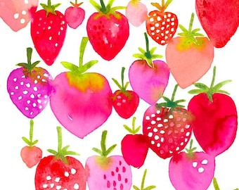 Strawberry Fields, strawberries, fruit, kitchen art, art prints