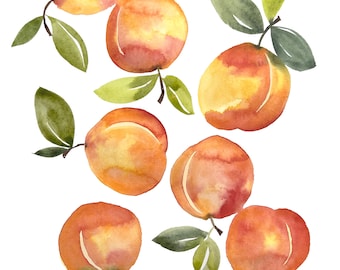 fruit print, watercolor, home decor, painting, print, peaches, fruit art