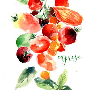 Caprese watercolor print, tomatoes, basil vegetable kitchen art, gift for gardener
