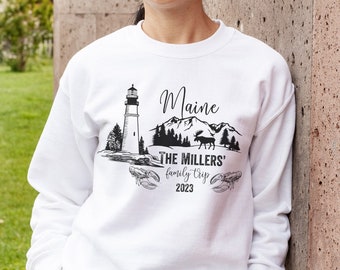 Sweat Maine. Pull de voyage en famille. Homard. Phare. Élan. Sweat-shirts assortis. Tenue photo de famille.