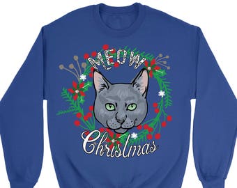 Sweat-shirt de Noël moche avec un chat bleu russe, col rond unisexe