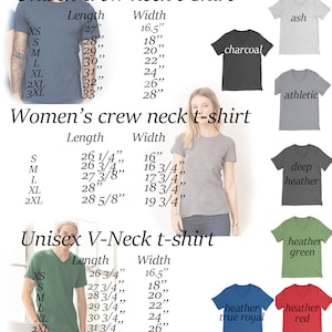 May include: Chart showing size and length measurements for unisex crew neck, women's crew neck, and unisex V-neck t-shirts. The chart includes measurements in inches. The image also shows examples of the t-shirts in different colors, including ash, charcoal, athletic, deep heather, heather green, heather true royal, and heather red.